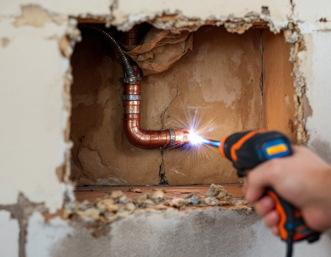 Plumber repairing a burst copper pipe inside a wall cavity