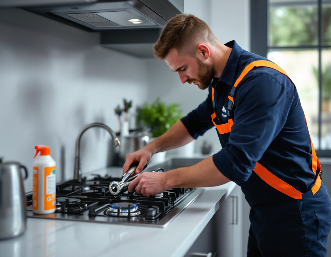 Licensed gas fitter connecting a stainless steel cooktop