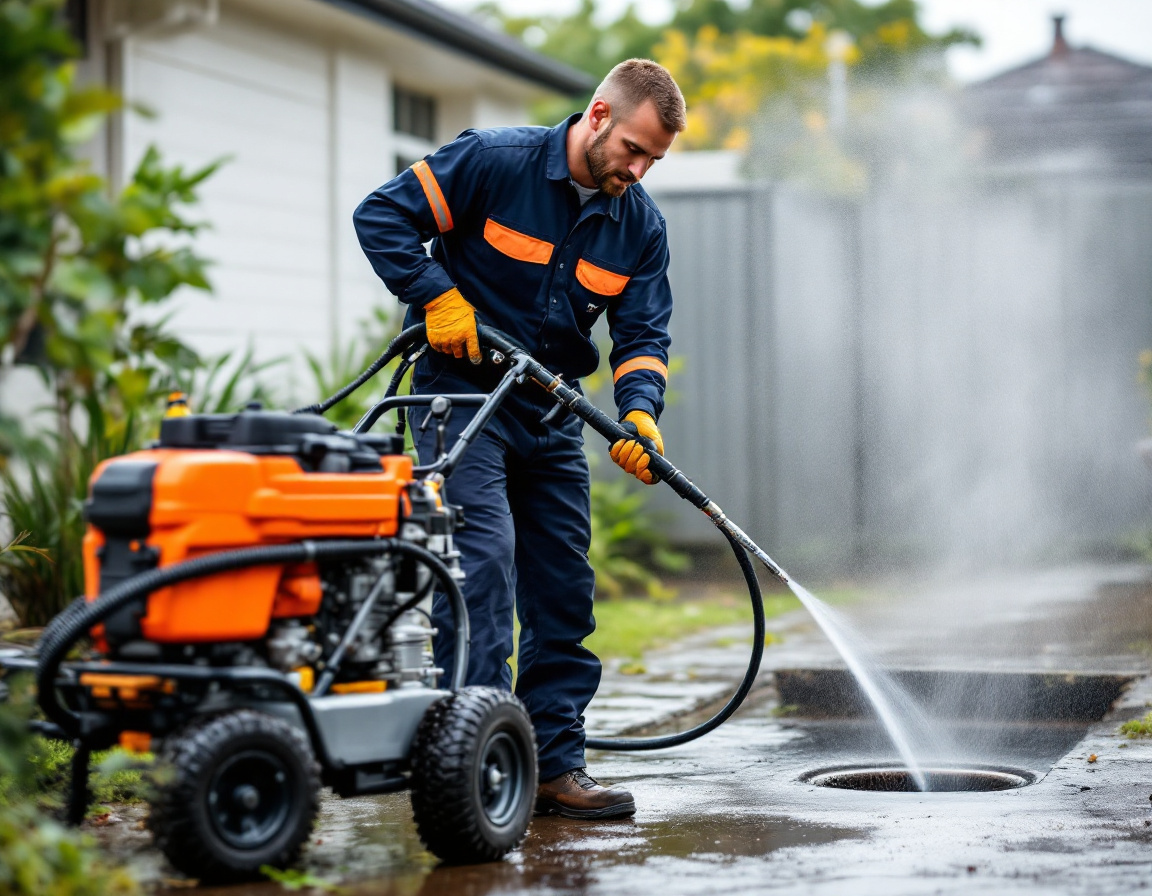 Plumber clearing a blocked drain with a high pressure jetter