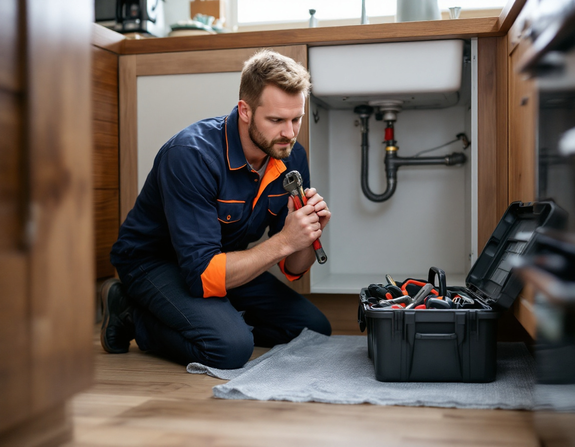 Plumber replacing a tap under a kitchen sink