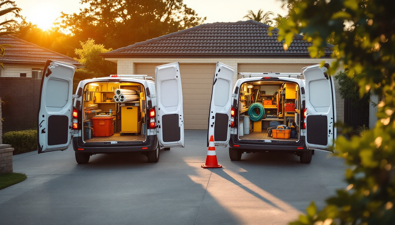 Two Dalton Plumbing work vans loaded and ready at sunrise